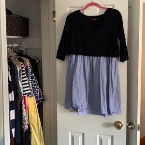 COS Blue and white dress with layered navy sweater